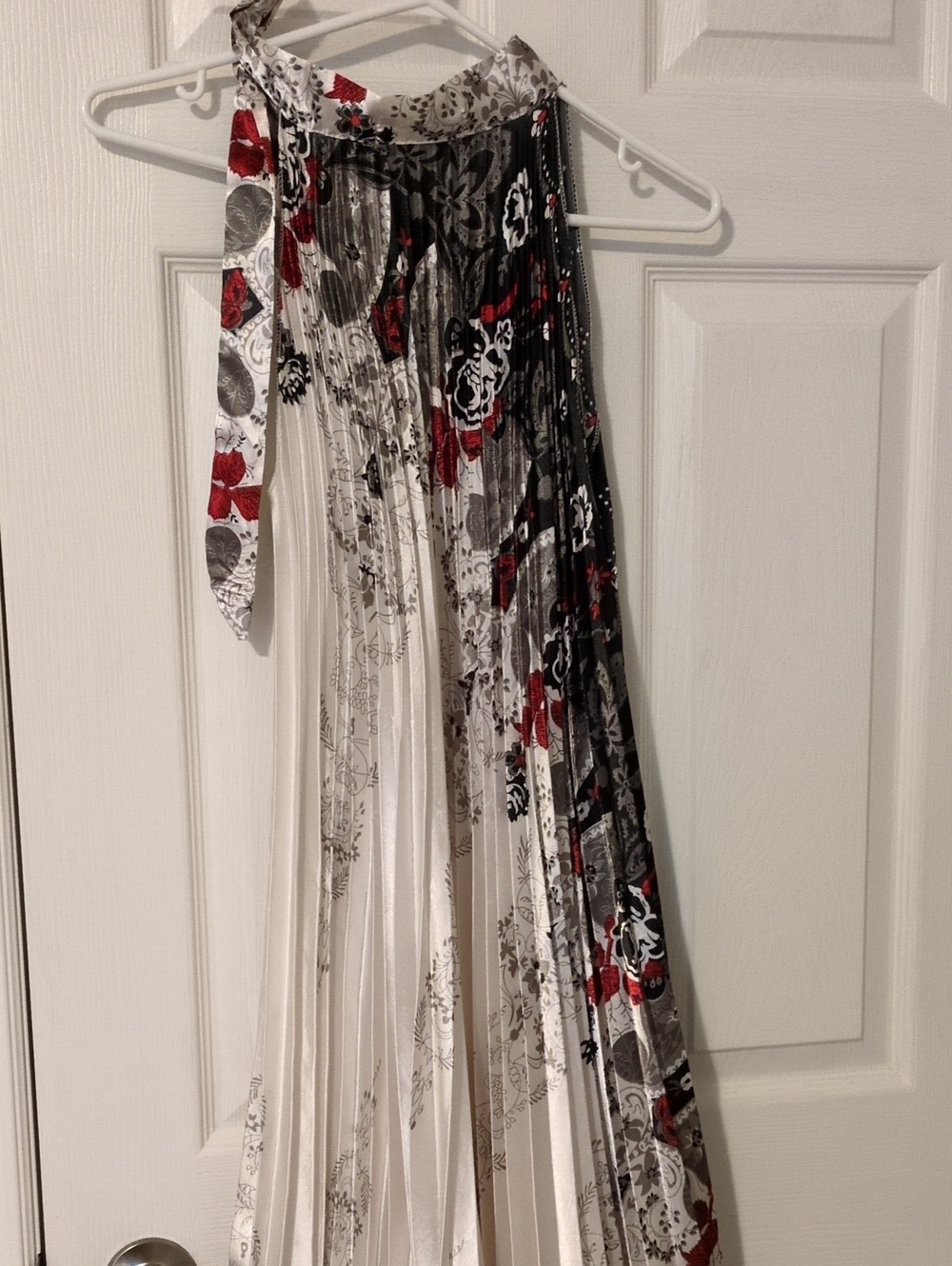 Pleated Floral Midi Dress in White, Black & Red